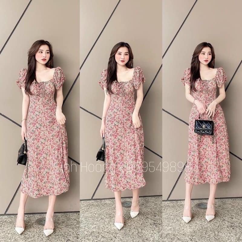 Váy Hoa Nhí Dáng Dài Nhún Vai Xẻ Tà Siêu Tôn Dáng