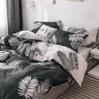 Bộ Drap & Chăn Phao Cotton Poly Lá Me Đen