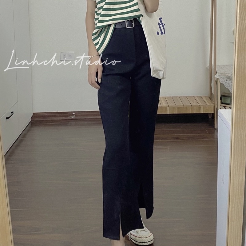 Quần ống loe xẻ gấu trước cạp cao tôn dáng chất tuyết mưa_Linhchi.studio