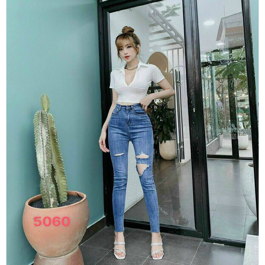 Quần jeans nữ trơn ❤️FREESHIP❤️ Quần jean lưng cao chất liệu bò co giãn phối lưng kiểu lai tua A-T Fashion - M5058
