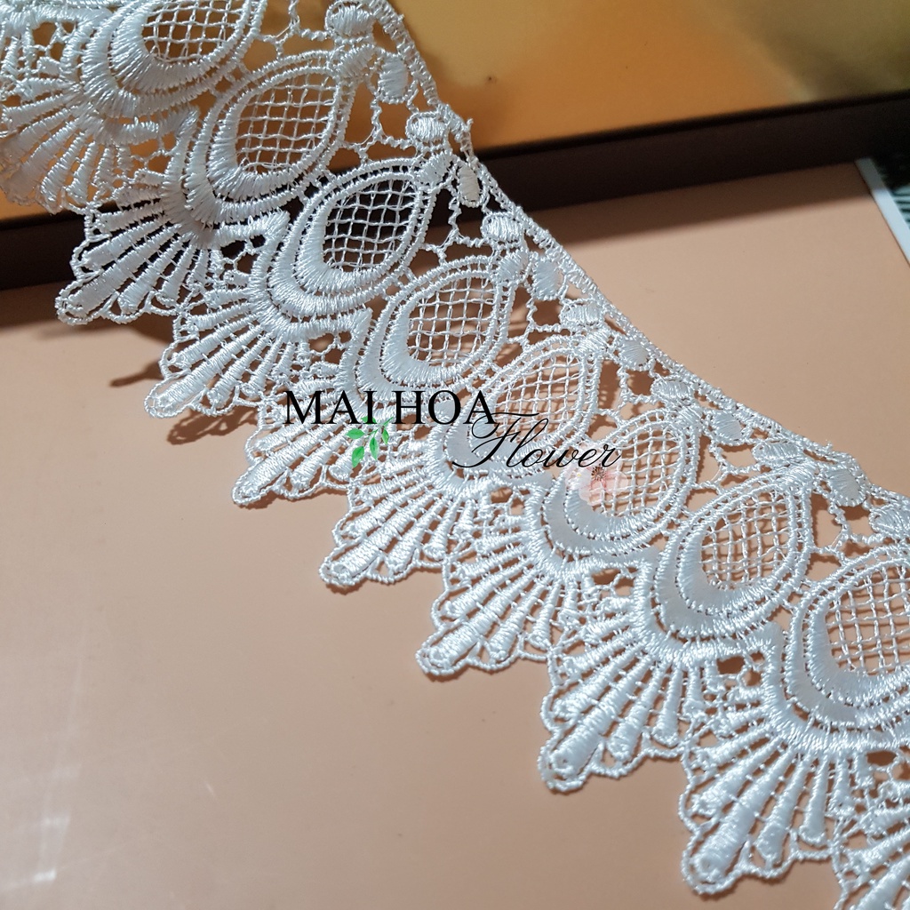 RC39 Cuộn 12 mét ren trắng, ren chỉ kết, bản to 8cm, thêu hoa hồng, dùng trang trí váy áo, đồ thủ công