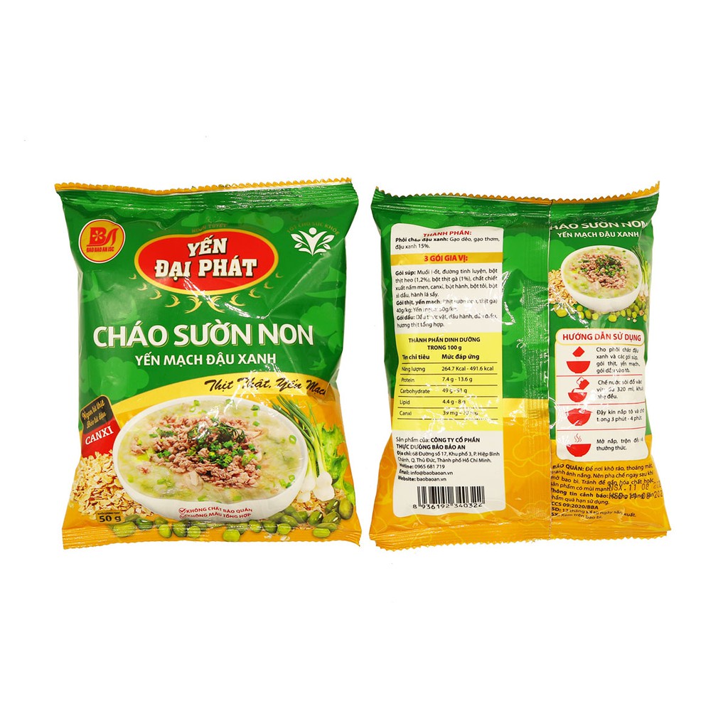 10gói Cháo sườn non Yến mạch đậu xanh 50gr Đại Phát , Yến mạch thật thịt thật