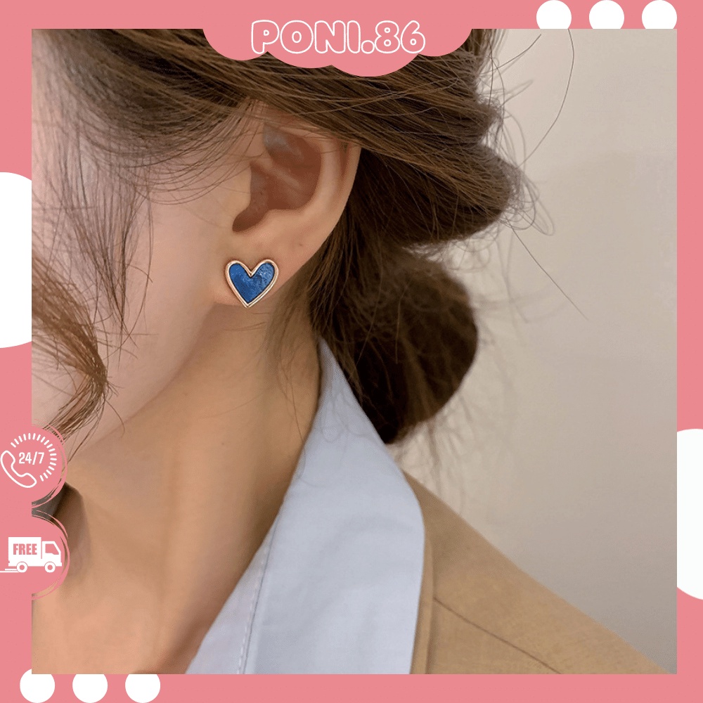 Hoa tai khuyên tai trái tim xanh biển siêu dễ thương dễ phối đồ