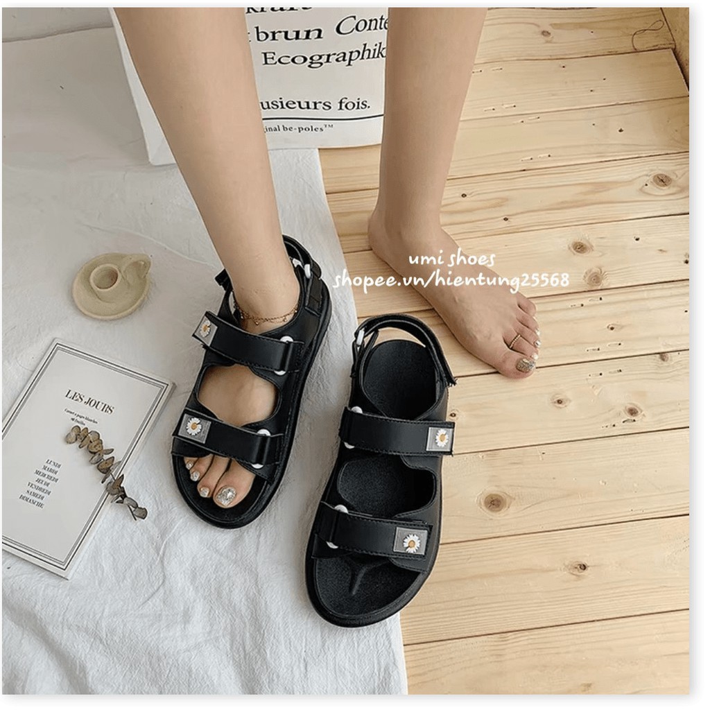 ✡️ [ Giày sandal nữ hoa cúc quai bản ngang ULZZANG đế độn nâng cao 3 phân đi biển xanh/đen/kem đi chơi đi học đẹp