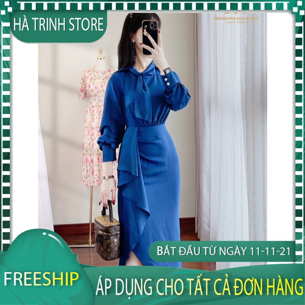 Váy đầm thiết kế cao cấp công sở dự tiệc xanh tay dài nhún eo V2214 - HÀ TRINH STORE