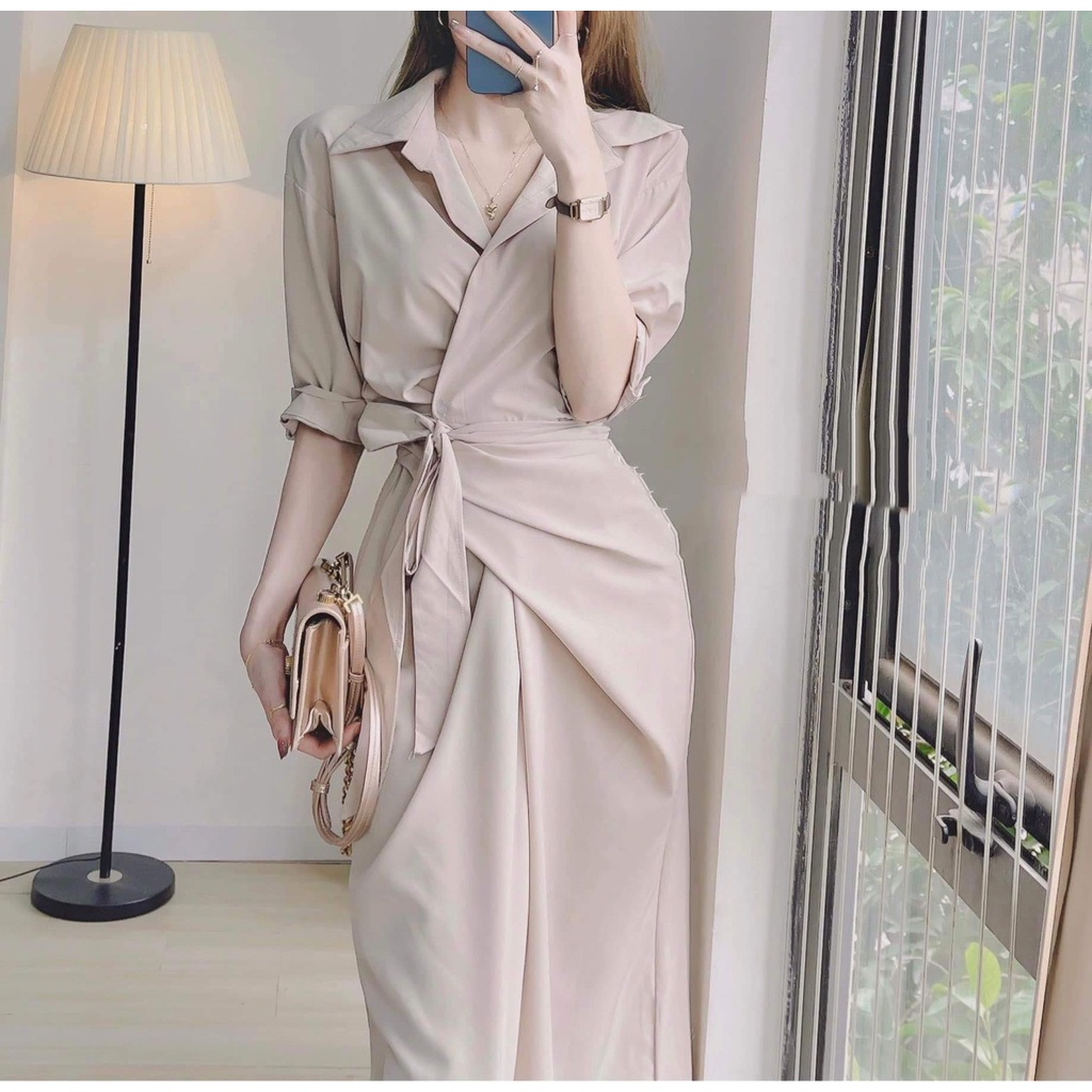 Đầm vạt chéo buộc đai eo 2 màu dài tay