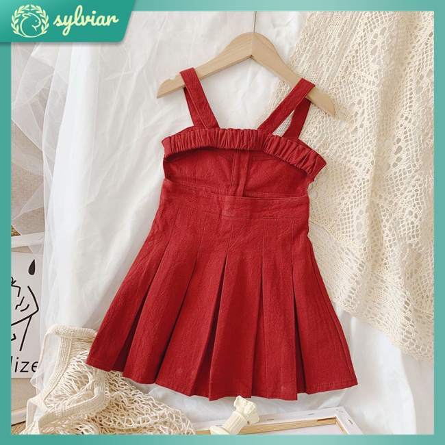 Đầm Cotton Hở Lưng Xếp Ly Màu Đỏ Dành Cho Bé Gái