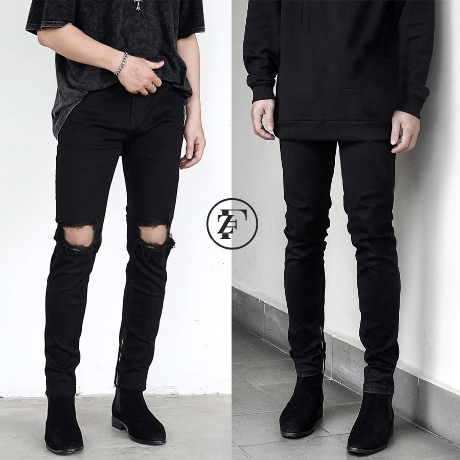 Quần jean zipper đen trơn và rách (QJ1-QJ5)