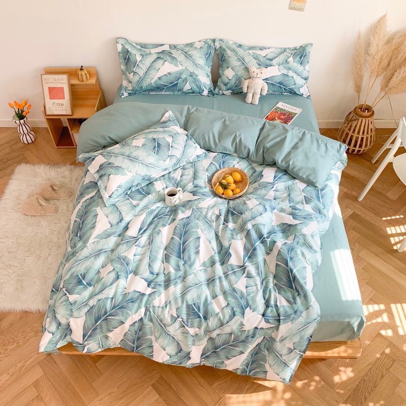 BỘ GA GỐI VỎ CHĂN COTTON POLY NHẬP KHẨU HỌA TIẾT LÁ CHUỐI - ĐỦ KÍCH THƯỚC