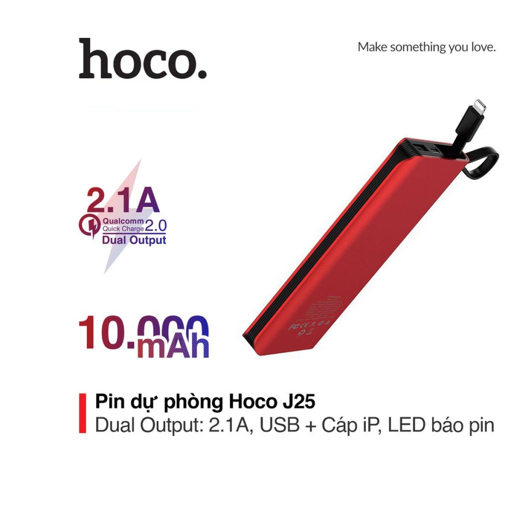 Pin sạc dự phòng Hoco J25 pin 10000mah tích hợp cáp Lightning đèn Led hiển thị cho iPhone/iPad