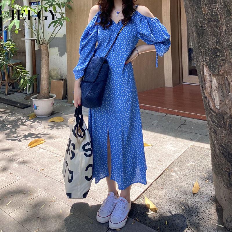 Đầm IELGY hở vai màu xanh dương in họa tiết hoa phong cách Pháp ngọt ngào cho nữ