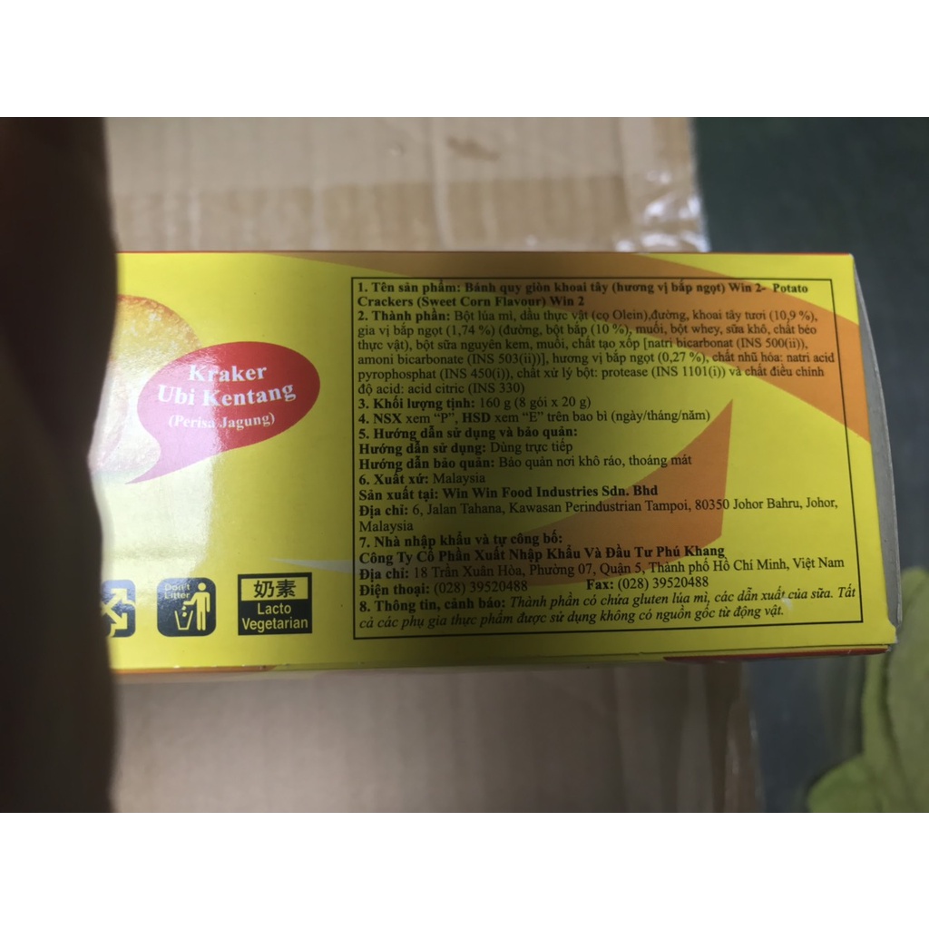 Bánh Potato (hương Bắp) Crisp Crackers Win2 Sweet Corn Flavour (Hộp 160g)