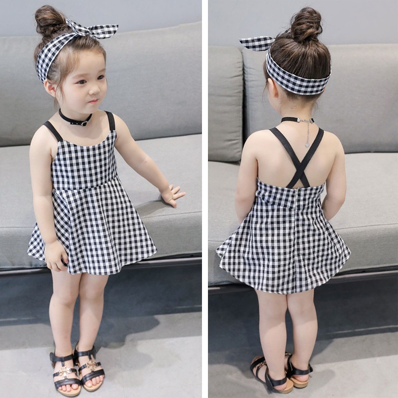 Đầm Hai Dây Hở Vai Họa Tiết Sọc Caro Phong Cách Mới Dành Cho Bé Gái [1-8 Tuổi]