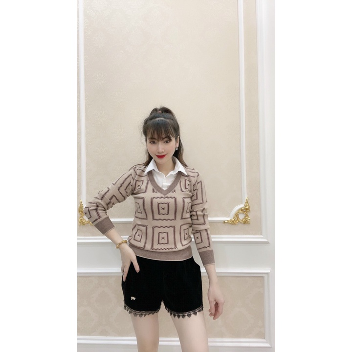 Áo len nữ tay dài, áo len kẻ ô phối cổ sơ mi siêu dễ thương chất len mềm mịn kiểu dáng gọn gàn form dễ mặc dễ phối đồ | BigBuy360 - bigbuy360.vn