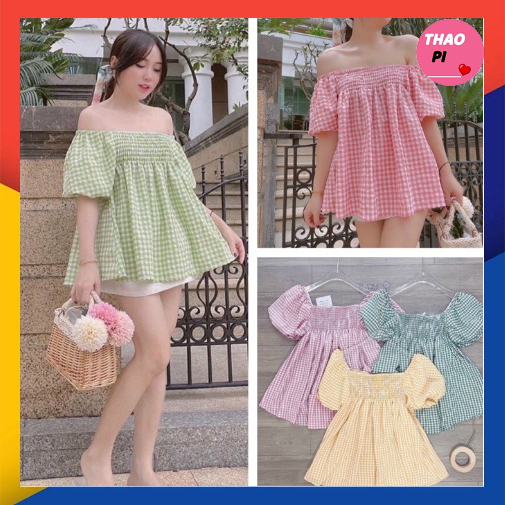 Áo kiểu nữ trễ vai tay bồng caro hàng cao cấp chuẩn shop bao đẹp hình thật