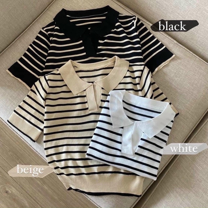 Áo len kẻ ngang cộc tay cổ đức ulzzang - Áo len mỏng kẻ ngang cổ V và cổ tròn