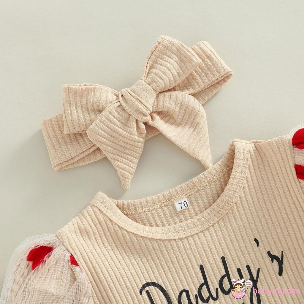 Bộ Áo Liền Quần Tay Ngắn In Chữ + Quần Ống Loe Lưới + Băng Đô Nơ Dành Cho Bé Gái 0-24 Tháng Tuổi