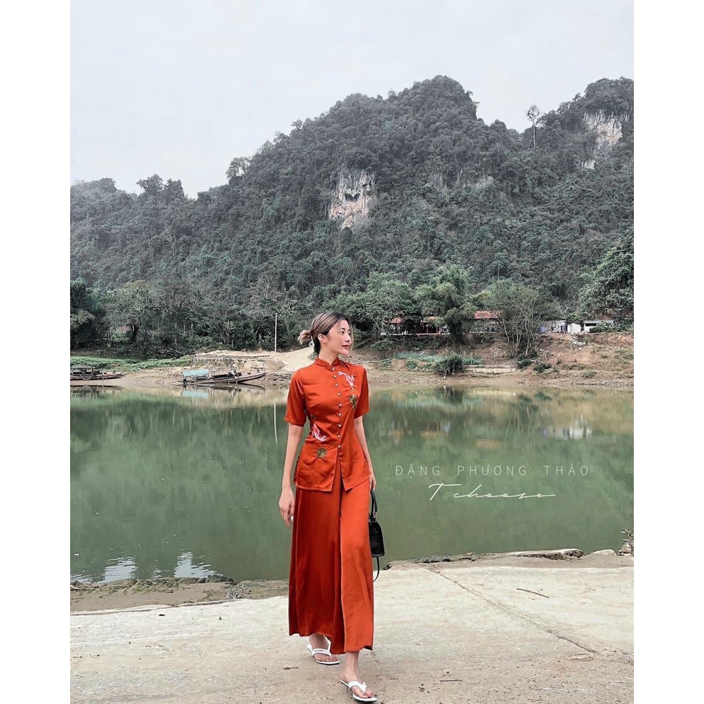 Đồ Lam Nữ Đi Chùa - Thêu Cá Ngọc Vải Lụa Cao Cấp Trang Nhã Kín Đáo_ CG04
