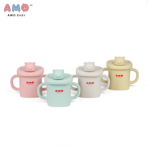 Cốc Tập Uống Nước Silicone AMO Baby 588 Có Kèm Nắp Cao Cấp Cho Bé