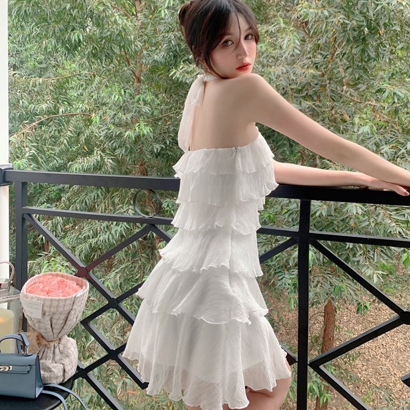 Đầm Voan Xếp Tầng Cổ Yếm Phong Cách Retro Quyến Rũ 2022 Dành Cho Nữ