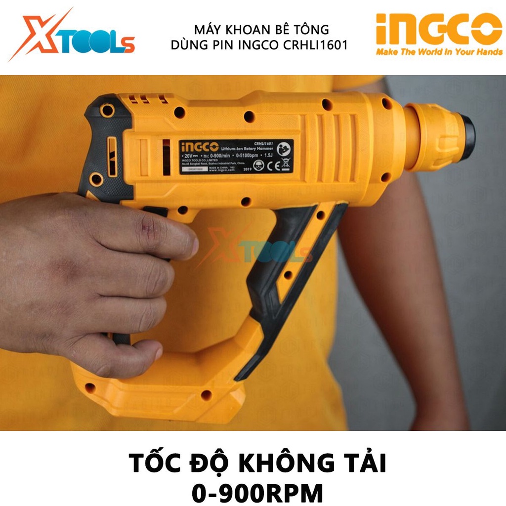Máy khoan bê tông dùng pin 20V Ingco CRHLI1601 tốc độ 900rpm, tốc độ búa 5100bpm, khả năng khoan 16 mm, kèm 3 mũi khoan