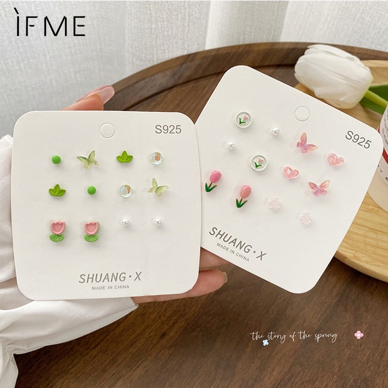 IF ME Set 6 đôi khuyên tai   kiểu hoa tulip/ ngọc trai thời trang cho nữ với nhiều màu tùy chọn