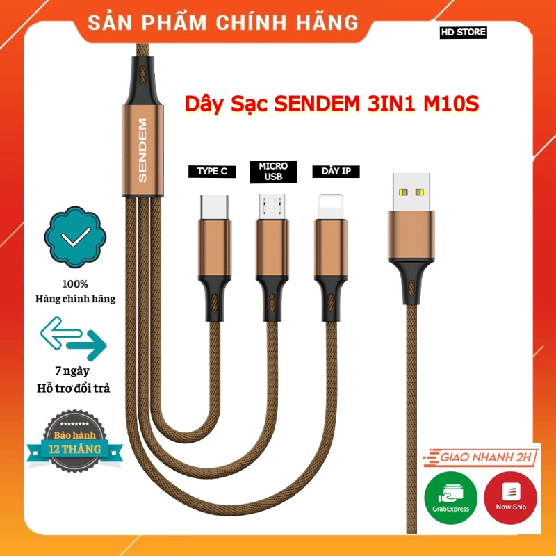 Cáp Sạc Dây Dù Chính Hãng SENDEM M10S. Sạc 3 Điện Thoại 1 Lúc 3in1 Sạc Nhanh, Độ Bền Dây Cực Cao. Bảo Hành 12 Tháng
