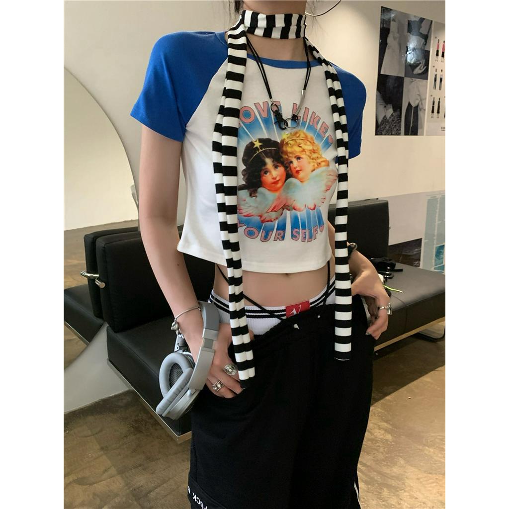 Áo Thun Dáng Ôm Ngắn Tay In Thiên Thần Màu Sắc Tương Phản Thời Trang Cá Tính 62810