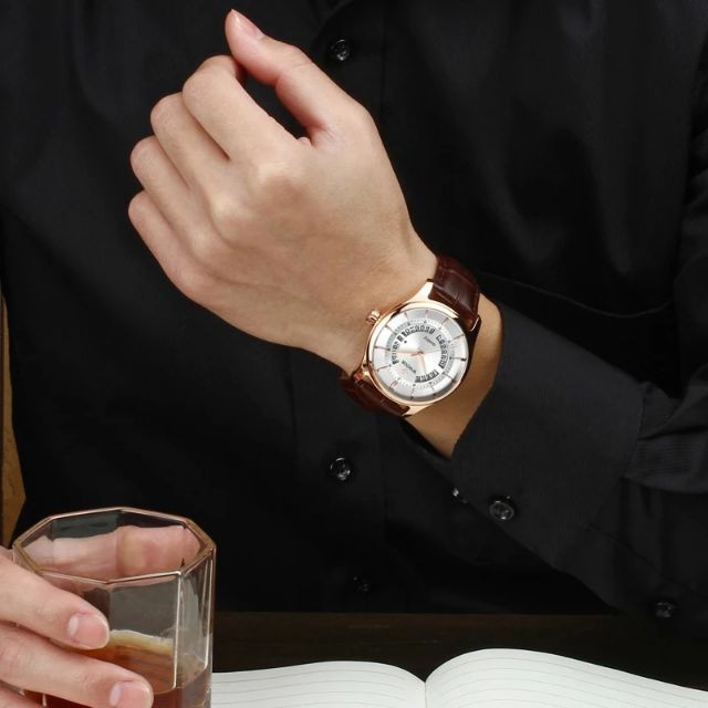 Đồng hồ nam Wwoor dây da mặt tròn có lịch độc đáo chống nước chính hãng Tony Watch 68