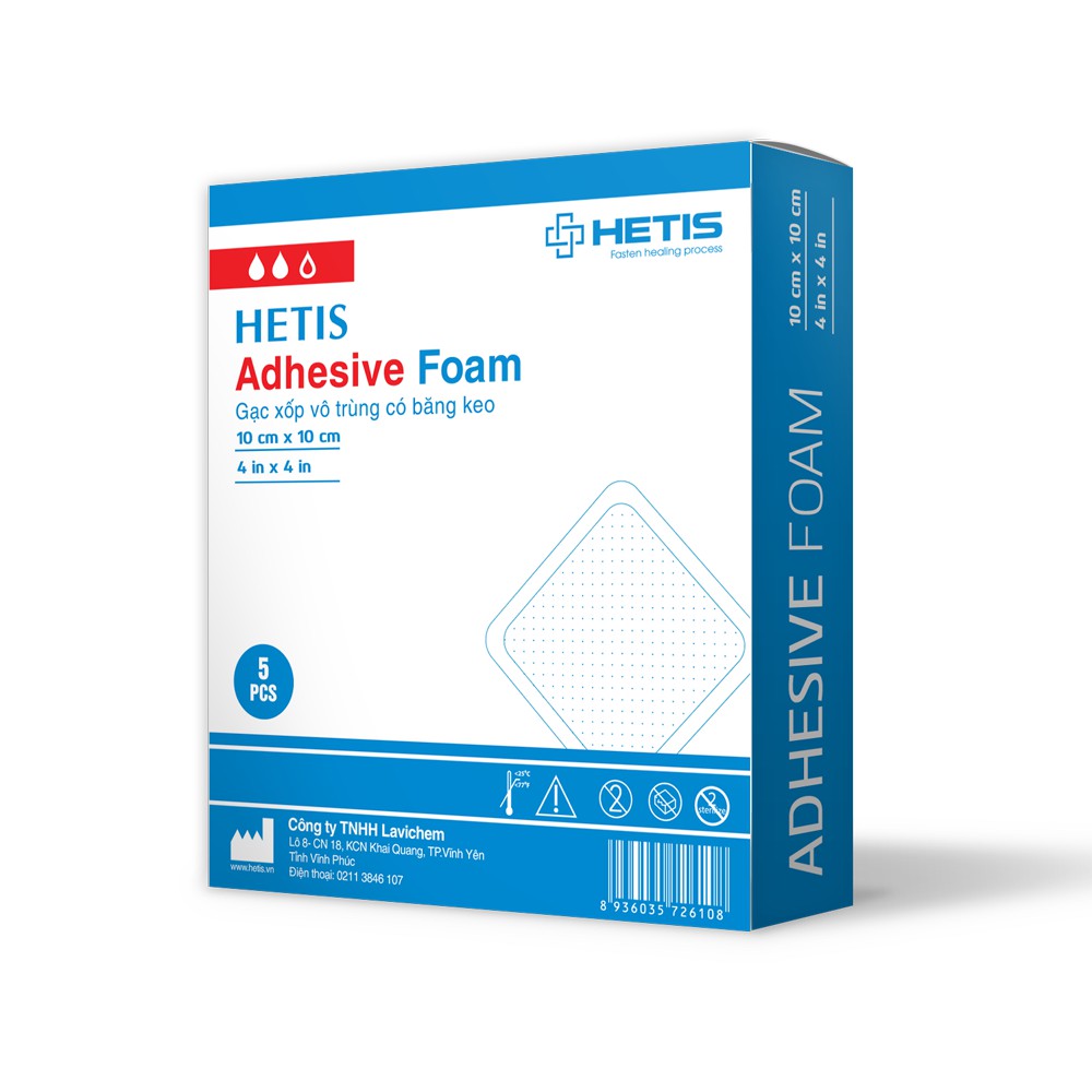 Hộp 10 miếng gạc xốp dán trực tiếp vào vết thương HETIS Adhesive Foam (nhiều size) - Gạc xốp vô trùng có băng keo