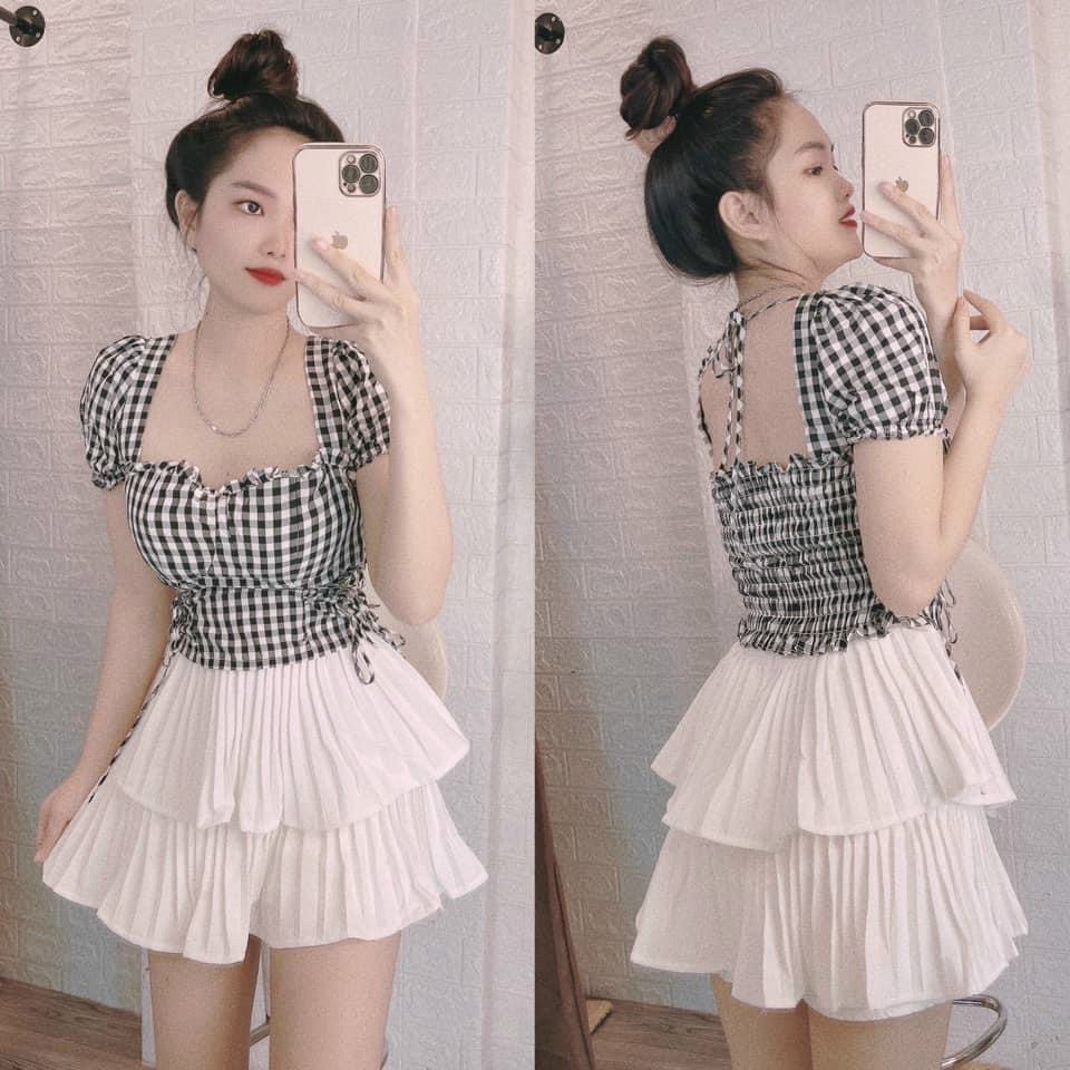 Áo kiểu croptop cổ U caro rút dây 2 bên kèm mút ngực xinh , chất kate lụa mềm mịn