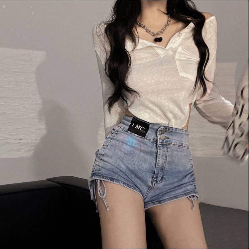 Quần Short Denim Dây Rút In Chữ Thời Trang Cho Nữ
