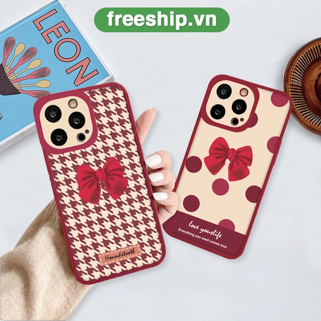 Ốp lưng iphone cạnh vuông lỗ camera nơ đỏ 6/6splus/7/7plus/8/8plus/x/xr/xs/11/12/13/pro/max/plus/promax