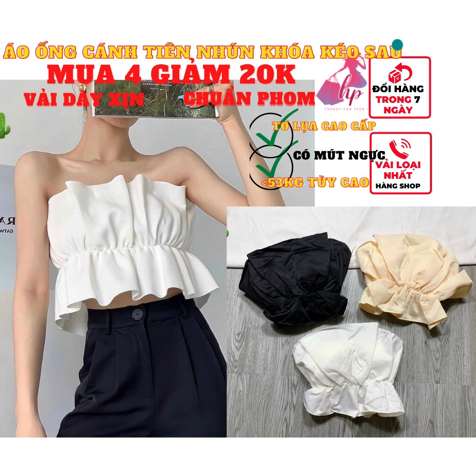 áo ống quây nữ croptop cánh tiên bèo nhún dây kéo lưng kiều mới trắng đen phong cách hàn quốc mẫu mới 2022- A108