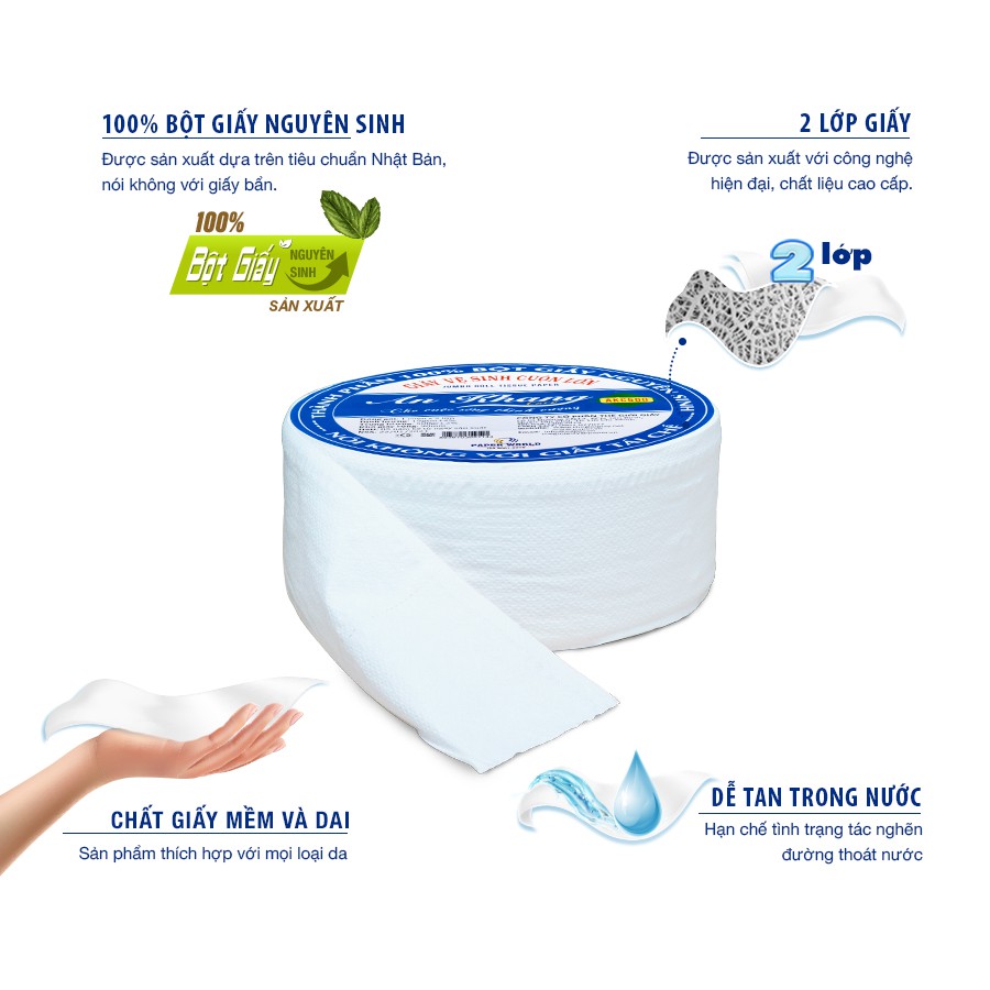 [COMBO 10] Giấy vệ sinh cuộn lớn 2 lớp mềm mại AN KHANG | Thế Giới Giấy | 100% bột giấy nguyên sinh | AKC500