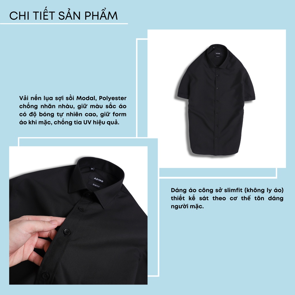 Áo sơ mi nam màu đen ngắn tay ADINO vải nến lụa sợi sồi modal dáng công sở slimfit hơi ôm trẻ trung CT103