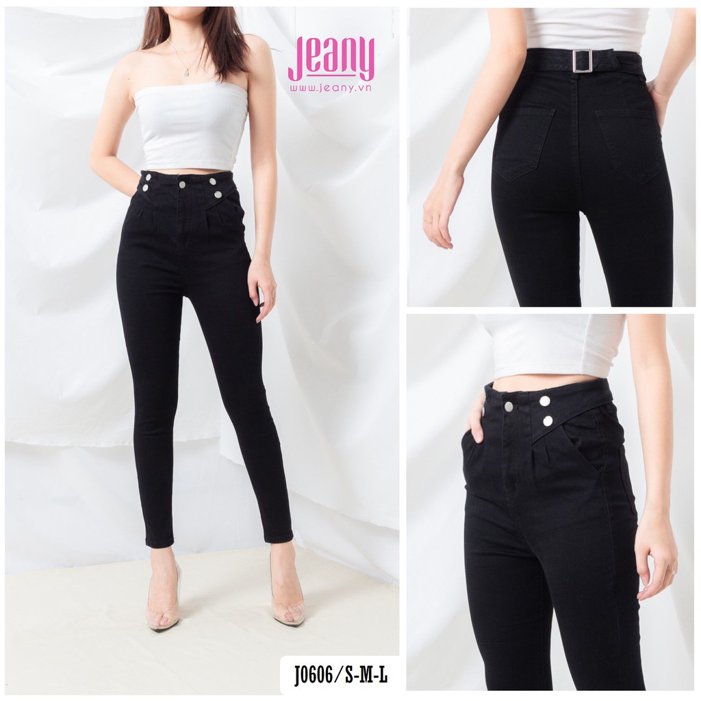 Quần Jean Nữ Ôm Lưng Cao Màu Đen Có 2 Nút 2 Bên Và Móc Khóa Sau Eo J0606 - Jeany