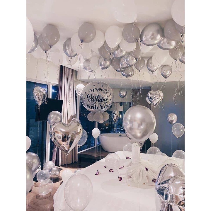 Bóng bay trang trí phòng cưới❤️Tặng 100 cánh hoa hồng❤️Set hapy wedding bóng trang trí phòng cưới, phòng tân hôn màu bạc