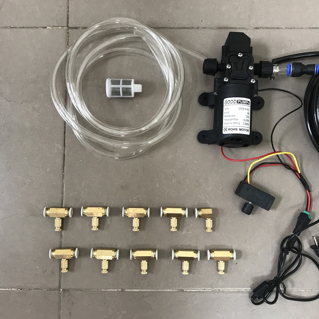 bộ máy phun sương làm mát trong nhà 10 béc số 1,2,3 - 12v kèm đổi nguồn và điều tốc