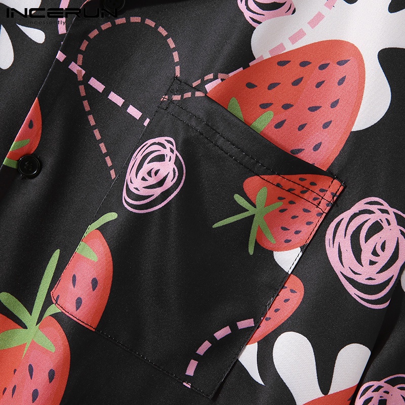 Áo sơ mi INCERUN croptop ngắn tay dáng rộng in hình dâu tây thời trang mùa hè cho nam