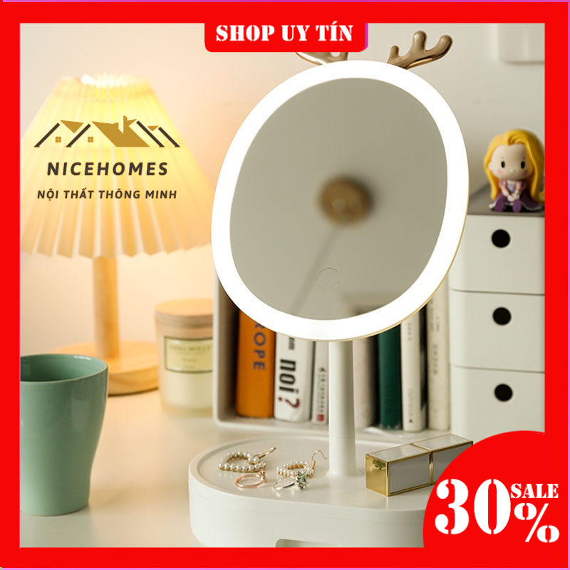 Gương để bàn phong cách bắc âu, gương để bàn trang điểm có đèn led cảm ứng thông minh NPR21
