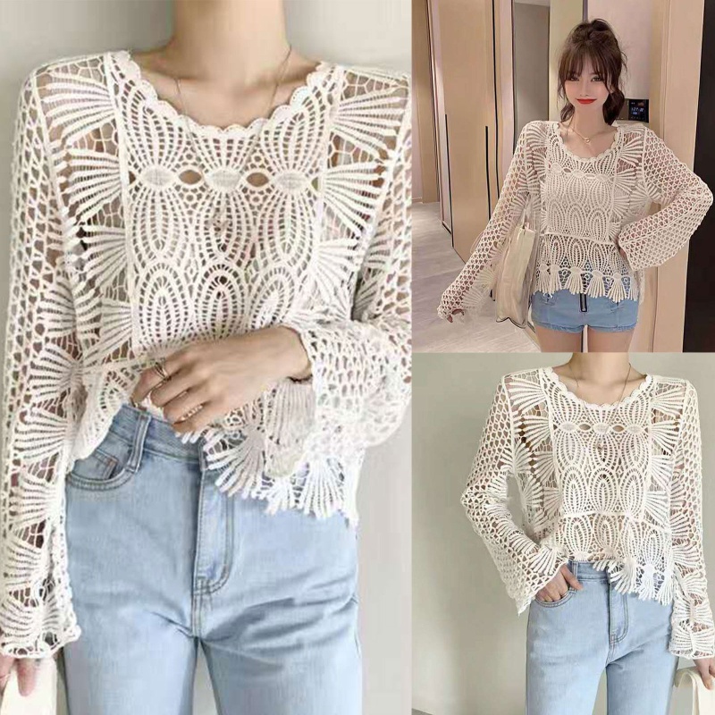 Áo Kiểu Tay Dài Phối Ren Lưới Xuyên Thấu Thời Trang Đi Biển Cho Nữ