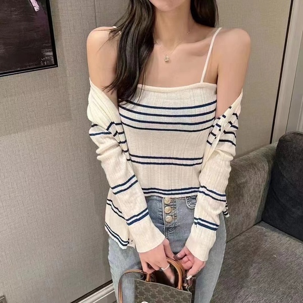 Áo hai dây/Áo khoác cardigan dệt kim ZHELIHANGFEI họa tiết kẻ sọc phong cách quyến rũ thời trang cho nữ
