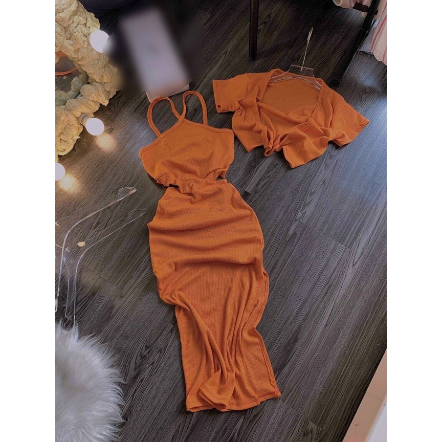 Sét đầm yếm hở chéo eo kèm áo khoác tay ngắn cực hot , chất thun gân mềm mịn ly