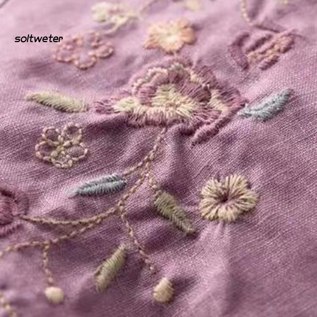 Áo Thun Cotton Lanh Tay 3 / 4 Xẻ Tà Thêu Họa Tiết Hoa Phong Cách Vintage Cho Nữ