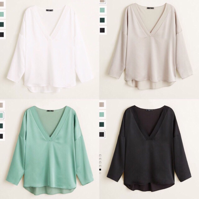 Mango satin blouse v neck long sleeves vnxk áo sơ mi kiểu công sở phối thun lụa satin tay dài hàng mng xuất khẩu dư xịn