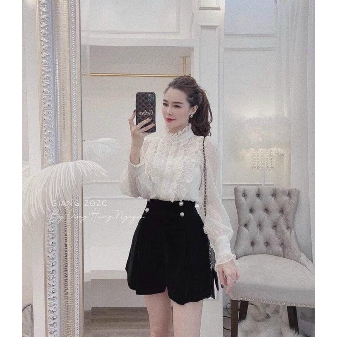 Quần sooc nhung phồng cạp cao 4 khuy ngọc