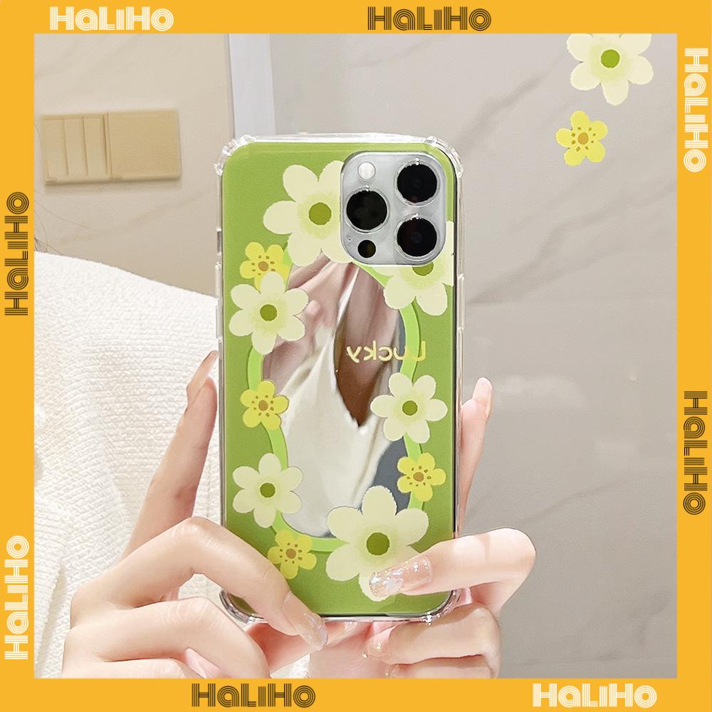 iPhone Case Acrylic HD Mirror Airbag Shockproof Protection Camera Cute Line Green Yellow Flowers Compatible For iPhone 11 iPhone 13 Pro Max iPhone 12 Pro Max iPhone 7 Plus