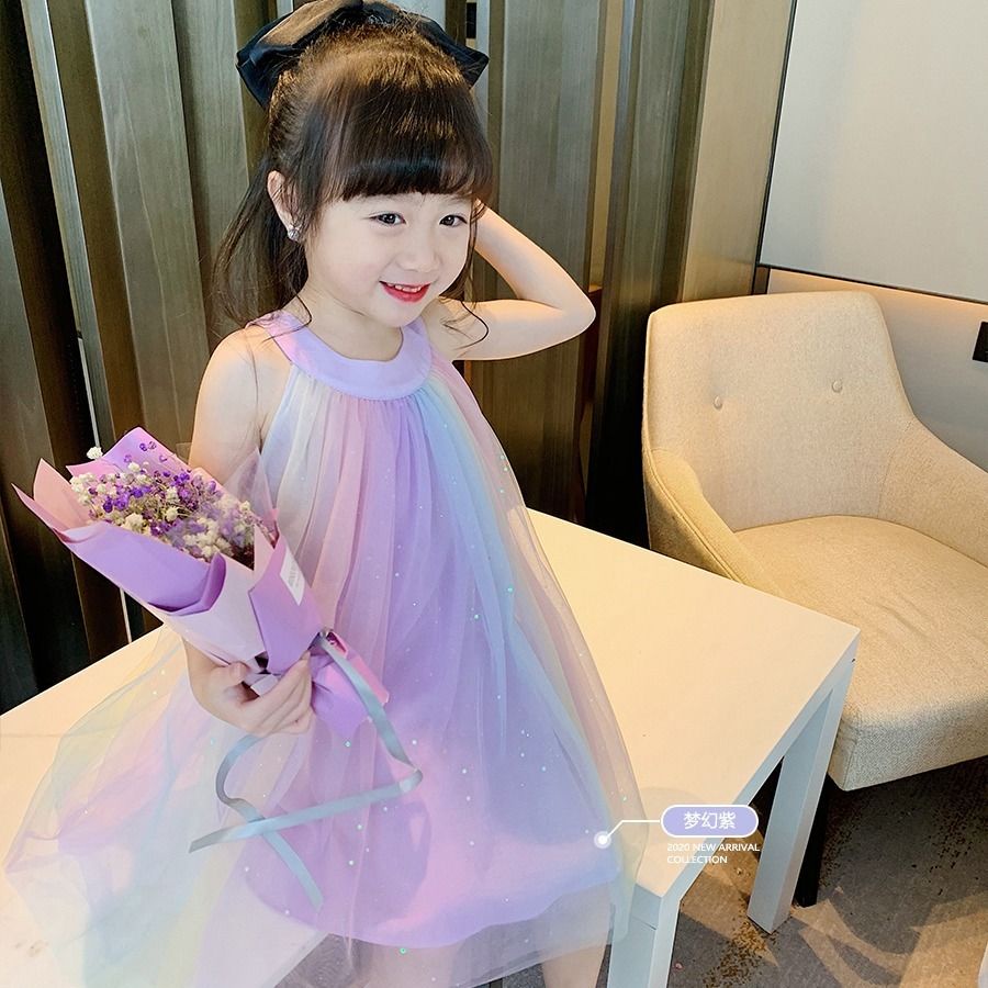 Đầm công chúa hai dây phối lưới màu cầu vồng thời trang mùa hè Hàn Quốc cho bé gái