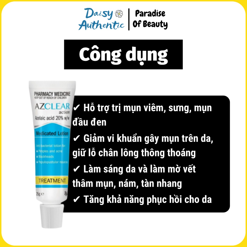 Kem Giảm Mụn, Mờ Thâm Azclear Azelaic Acid 20% Hiệu Quả, Lành Tính 25gr